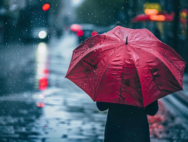 a person with a red umbrella in the rain