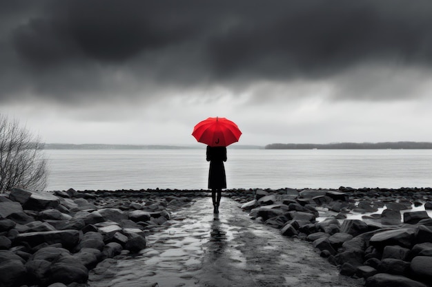 Person with red unbrella under the rain