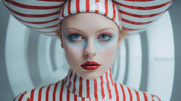 a person with a red and white striped shirt and a white hat