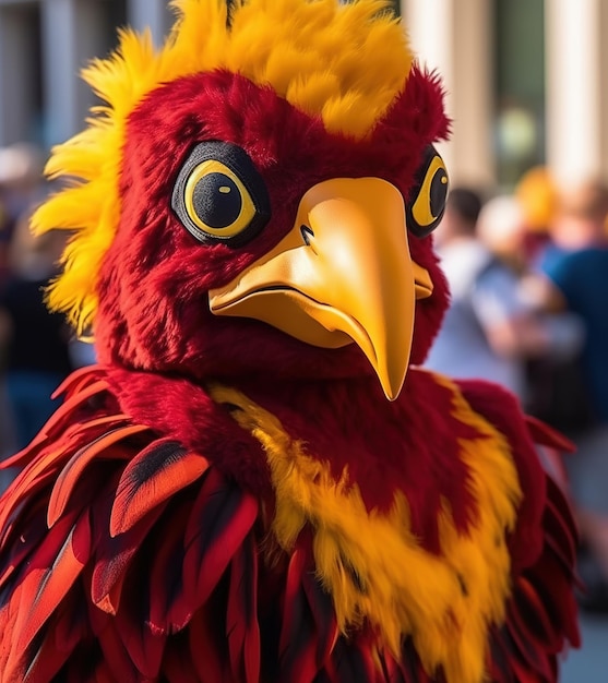 A person with a red and yellow bird costume on.