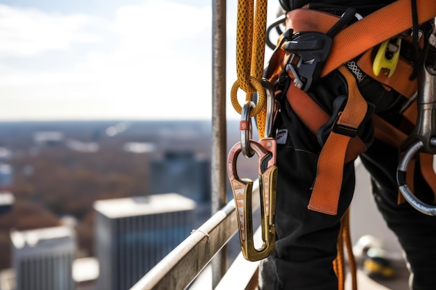 A person with a safety harness on a rope with the words rock climbing on it