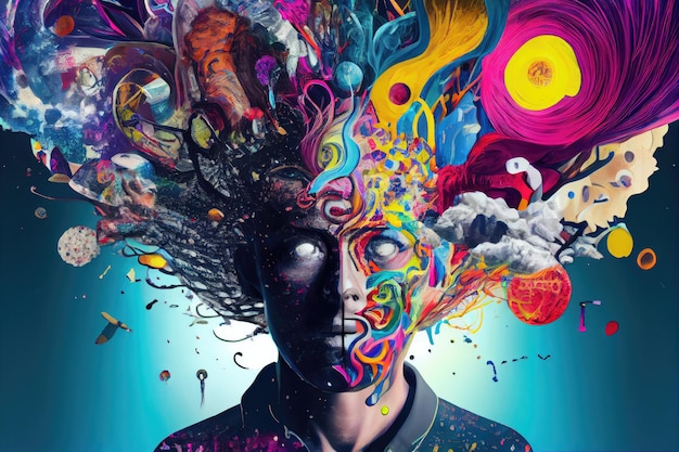 Person with schizophrenia surrounded by vivid and chaotic imaginary world of his or her own creation