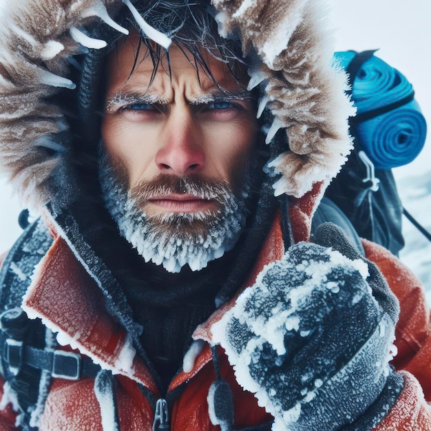 a person with a serious expression challenging weather faced during an active expedition in the north ai generative