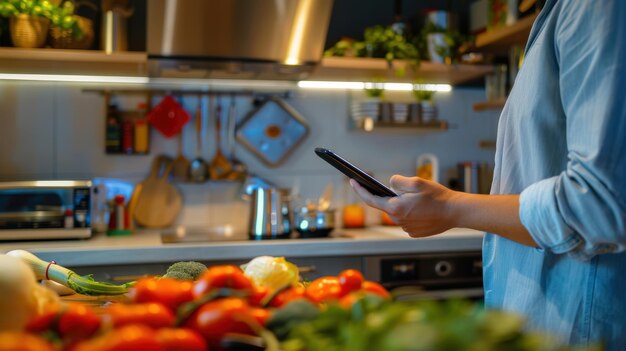 Photo the person with smartphone in kitchen