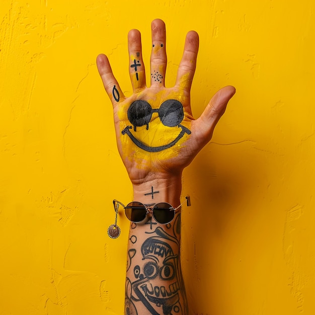 a person with a smiley face tattoo on their arm