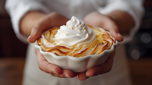 Photo person with thanksgiving pie and whipped cream overlay for photo stock concept