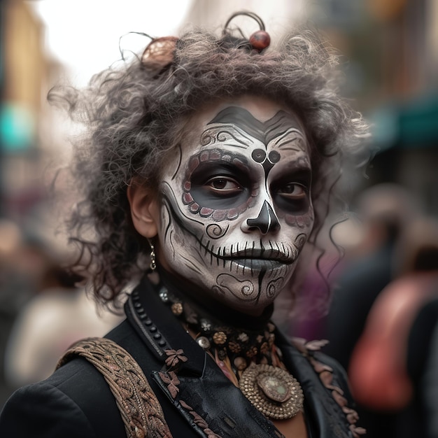 a person with their face painted and decorated for the Day of the Dead Parade