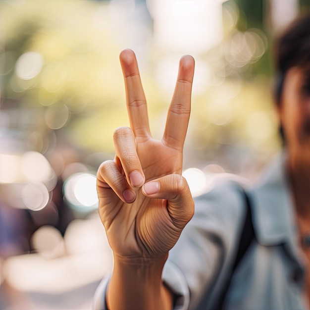 A person with their hand up and the word peace on it