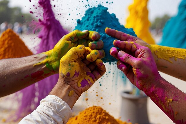 Photo a person with their hands painted with colored powder