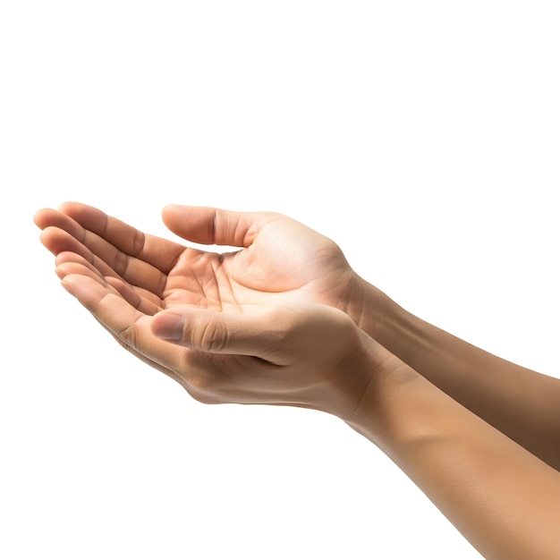 Photo a person with their hands raised in front of a white background