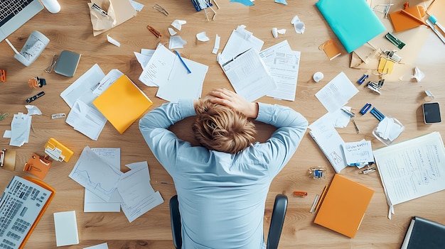 Photo person with their head down on a desk with paperwork scattered around them