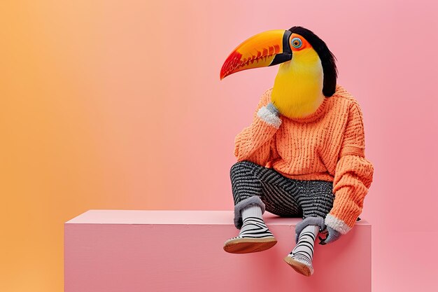 Photo a person with a toucan head in a pink and orange studio