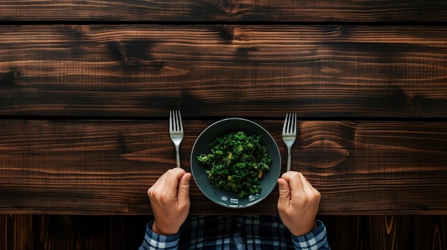 A person with two forks holds a bowl filled with fresh greens at a rustic wooden table during lunchtime