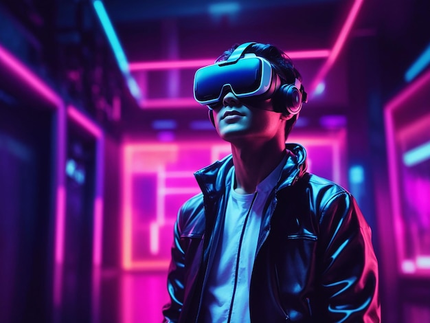 Person with vr glasses in neon room