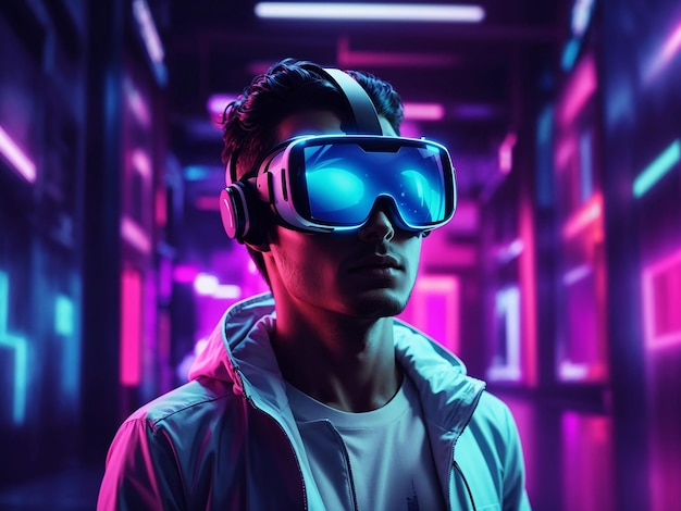 Person with vr glasses in neon room