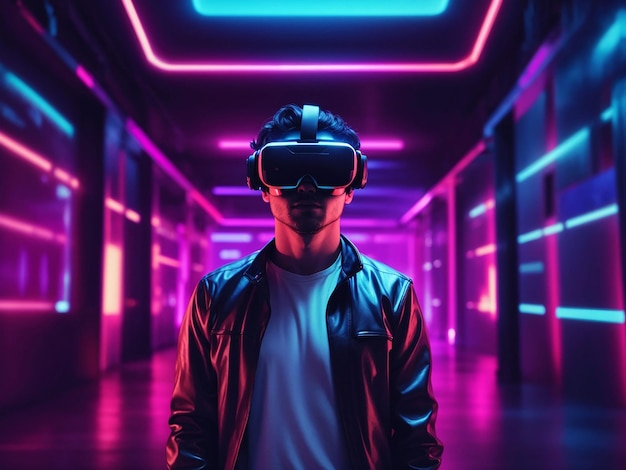 Person with vr glasses in neon room