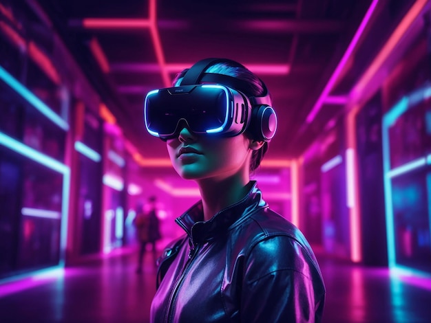 Person with vr glasses in neon room