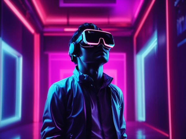 Person with vr glasses in neon room