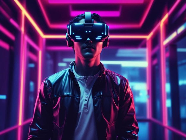 Person with vr glasses in neon room