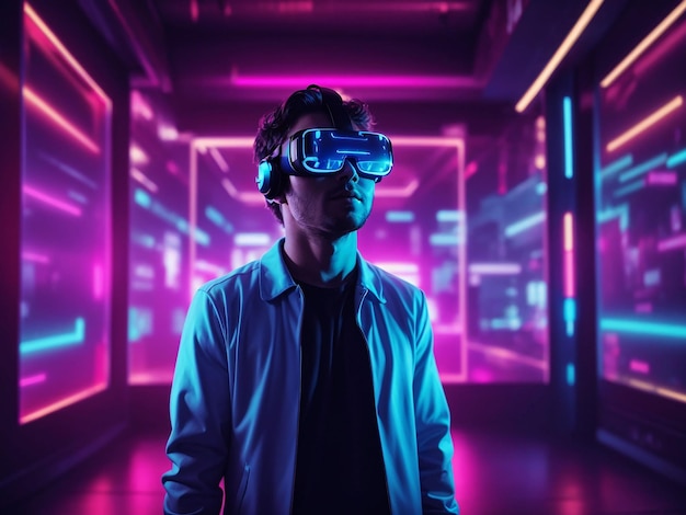 Person with vr glasses in neon room