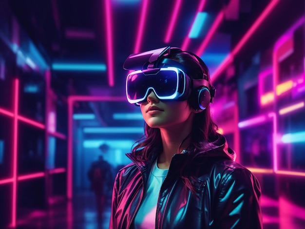 Person with vr glasses in neon room