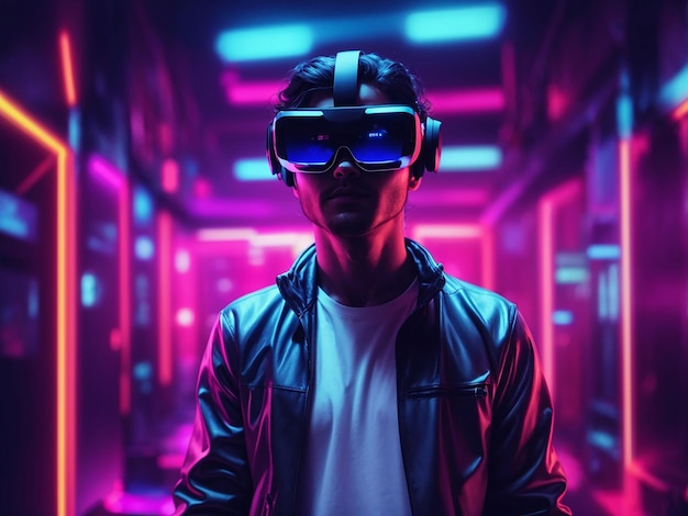 Person with vr glasses in neon room