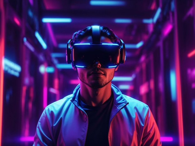 Person with vr glasses in neon room