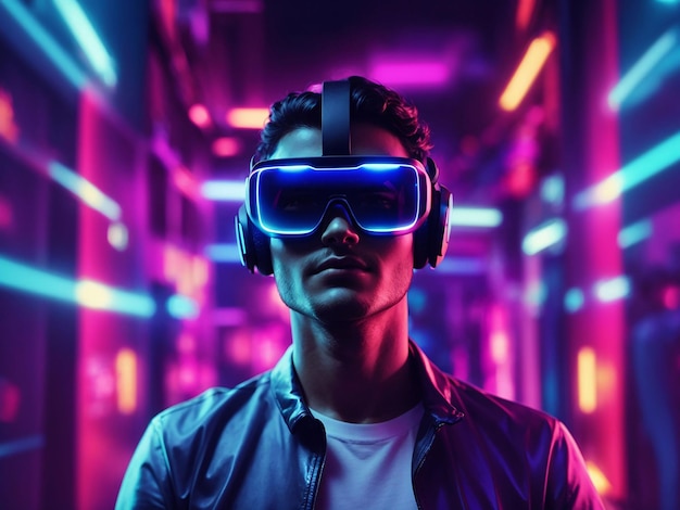 Person with vr glasses in neon room