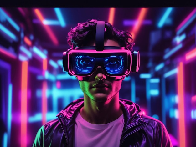 Person with vr glasses in neon room