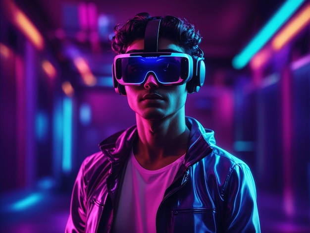 Person with vr glasses in neon room