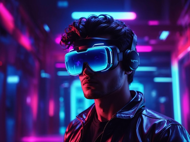 Person with vr glasses in neon room