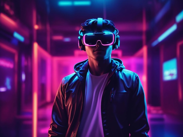 Person with vr glasses in neon room