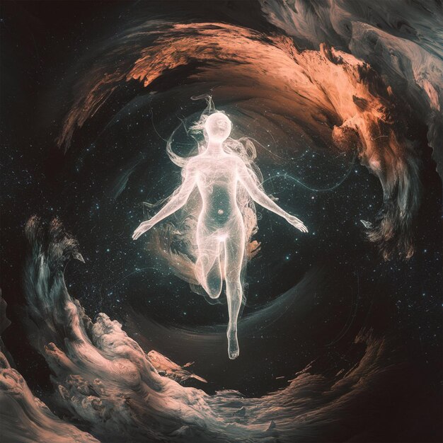 Photo a person with a white body is in a dark space