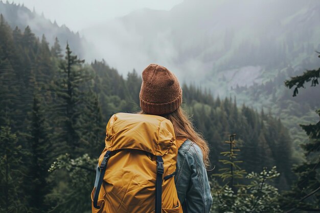 A person with a yellow backpack looking at a forest