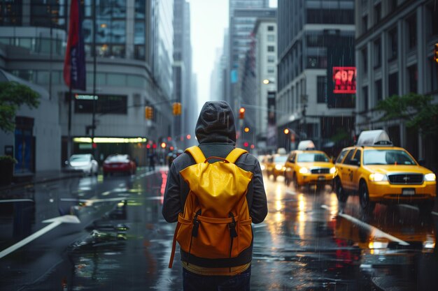 Person with Yellow Backpack in Rainy City StreetxA