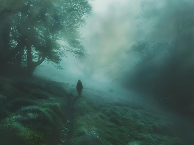 Photo a person in the woods with a trail in the fog