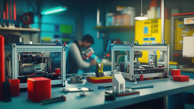 Photo a person working on a 3d printing project in a modern workshop filled with tools and equipment during daylight hours