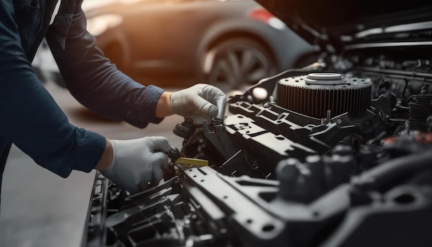 A person working on a car engine