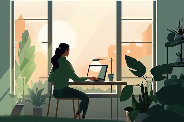 Person working from home office with view of window and greenery outside created with generative ai