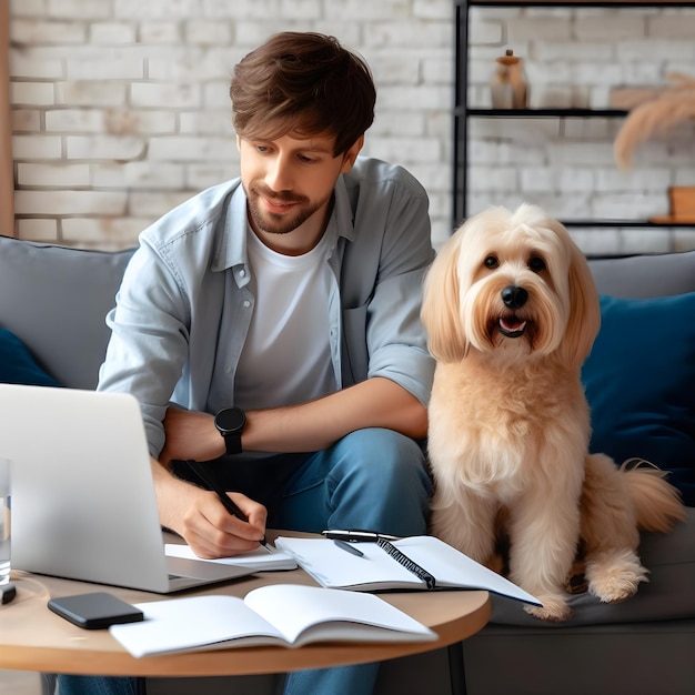 Person working from home with pet dog