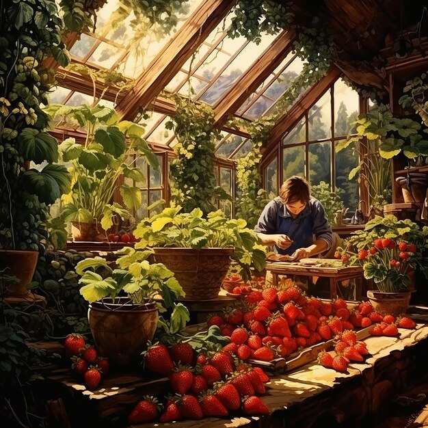 A person working in a greenhouse full of ripe strawberries