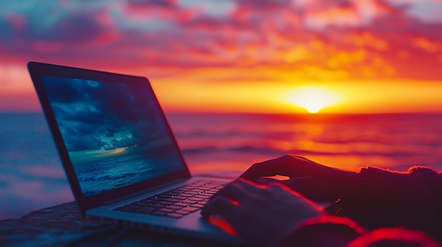 Person working on a laptop computer with a sunset in the background