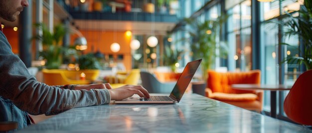 Person Working on Laptop in Sleek Modern Coworking Space with Space for Text in a Creative Professio