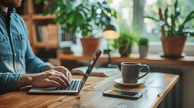 A person working on a laptop at a wooden table with plants and a coffee cup nearby