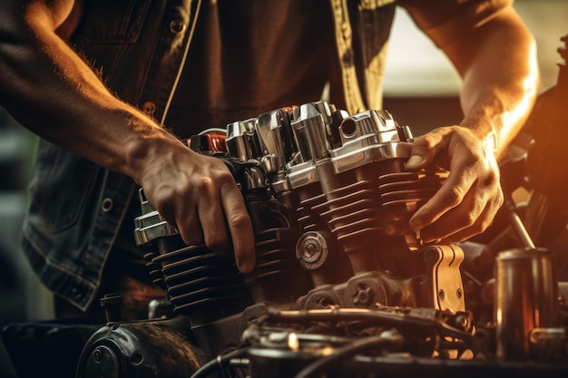 Person Working on Motorcycle Close Up