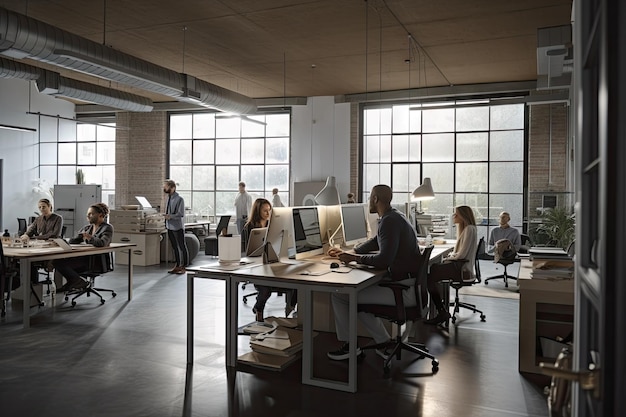 Person working in office space surrounded by diverse group of coworkers created with generative ai