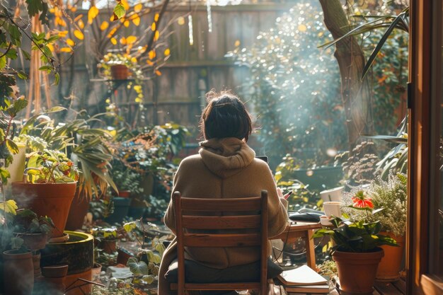 A person working remotely in a cozy outdoor setting with a laptop surrounded by nature and greenery