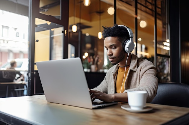 Person working remotely from coffee shop with laptop and headphones