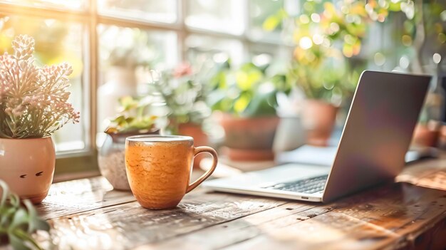 A person working remotely on a laptop at a cozy kitchen table with a cup of coffee and notebook