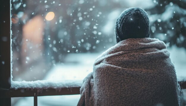 Photo person wrapped in a blanket watching snow fall outside during a winter evening